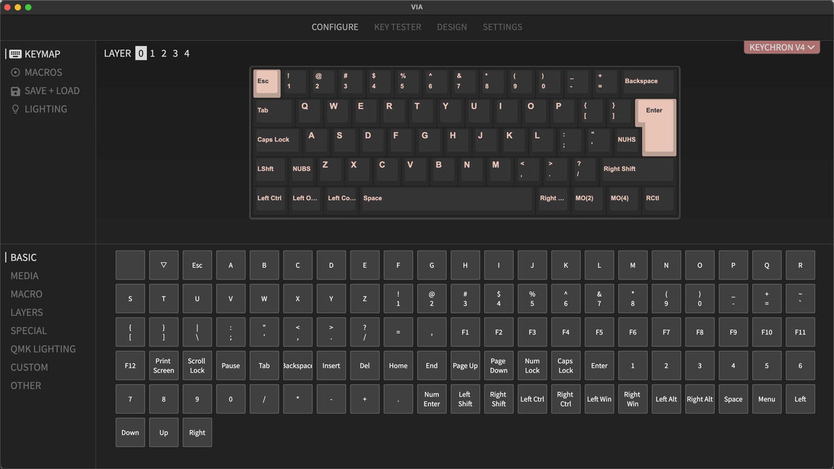 QMK VIA screen capture of Keychron V4 Custom Mechanical Keyboard ISO Layout