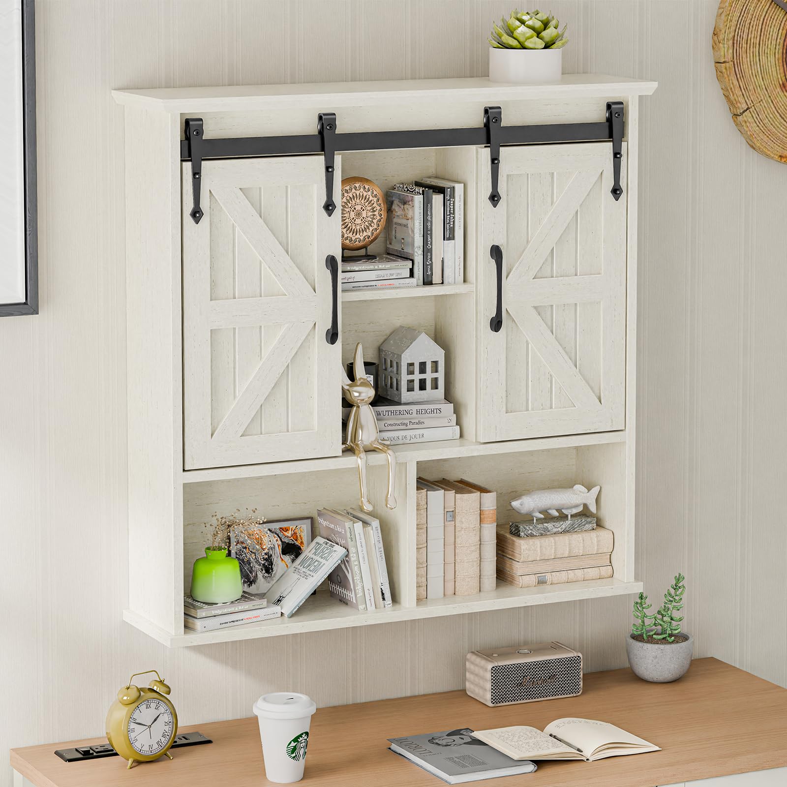 Bathroom Wall Cabinet, Farmhouse Medicine Cabinet with Double Sliding Barn Door and Adjustable Shelves, Wooden Vintage Storage Cabinet Wall Mounted for Bathroom, Kitchen Dining, White - Image 3