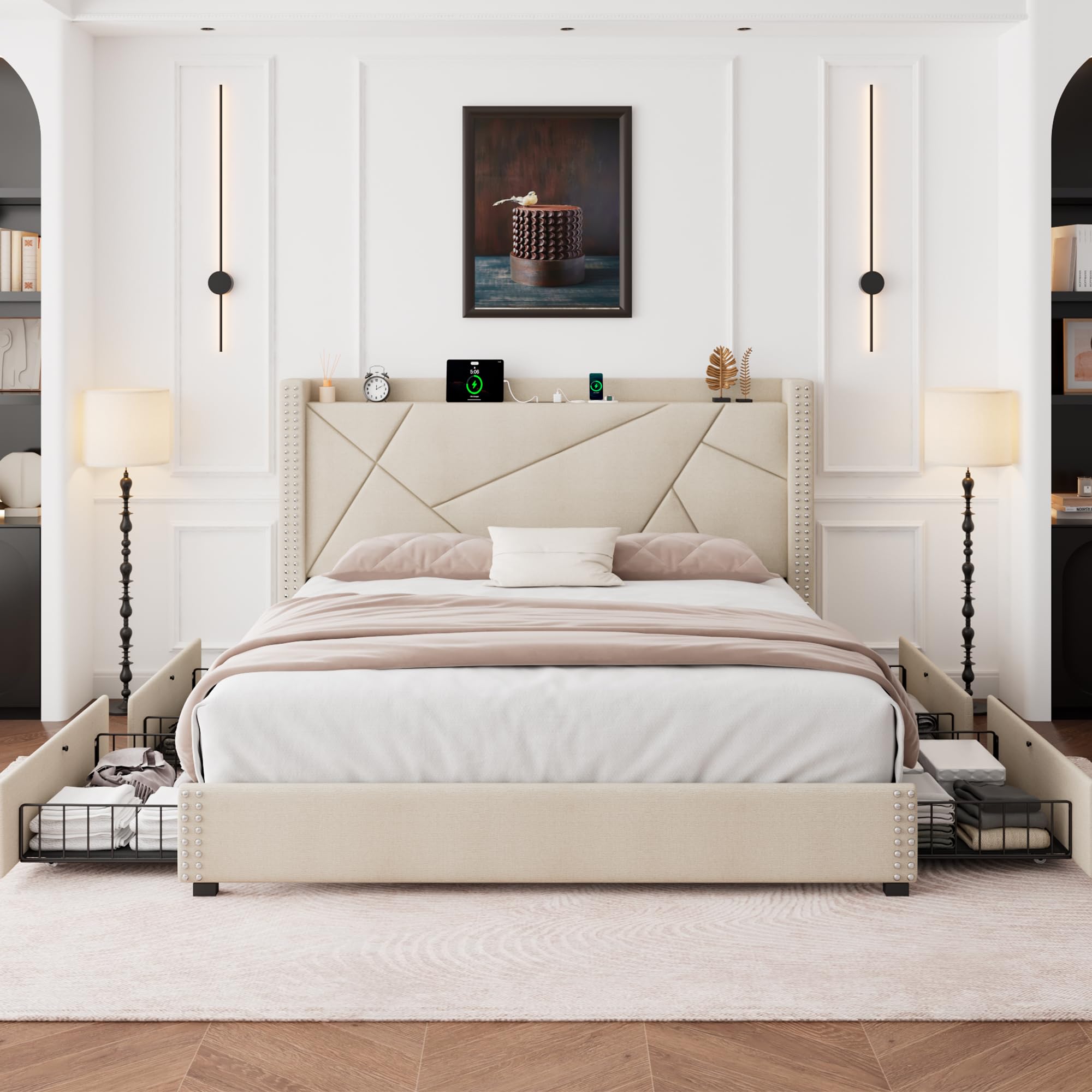 Bed Frame with 4 Storage Drawers & Charging Station - Platform Bed