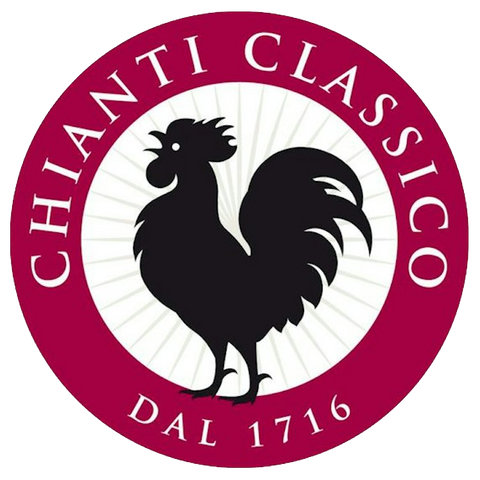 A black rooster on a white background with in a circular burgundy coloured ring with the text CHAINTI CLASSICO DAL 1716 in white written in the border.
