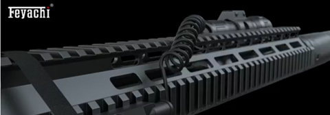 A modern rifle equipped with a mounted tactical flashlight, showcasing the integration of lighting and aiming tools.