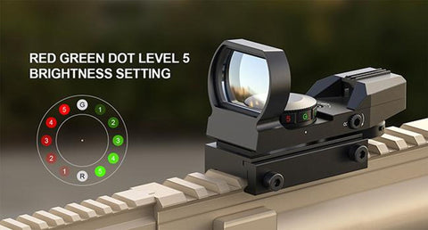 Feyachi red green dot sight mounted on a rifle with 5 brightness settings. Ideal for precision shooting with adjustable illumination for various conditions.