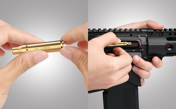 Two hands holding a brass-colored laser bore sighter labeled 'CAL 223REM' on the left, and a hand inserting the same device into the chamber of a black rifle on the right.
