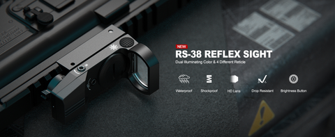 Close-up of the new RS-38 Reflex Sight mounted on a rifle, highlighting its waterproof, shockproof features, and HD lens with a brightness adjustment button.