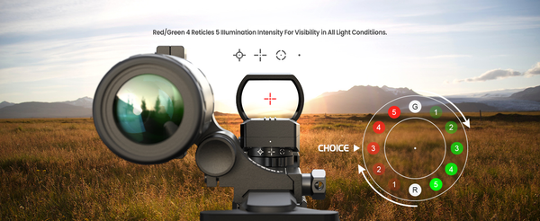 Reflex sight featuring red and green reticles with adjustable illumination intensity for clear visibility across different lighting conditions.