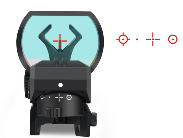 Close-up view of a reflex sight with multiple reticle options for various shooting preferences and scenarios.