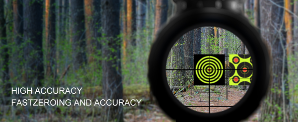 Target in crosshairs of a rifle scope with text 'HIGH ACCURACY FASTZEROING AND ACCURACY'.