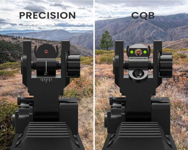 Visual comparison of precision versus close-quarters battle (CQB) sight alignments on a firearm for diverse combat scenarios.