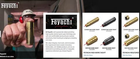 A detailed display of Feyachi's bore sight product line, highlighting the versatility and accuracy enhancement of the 223REM and 9MM red bore sights, alongside the distinctive Feyachi branding.