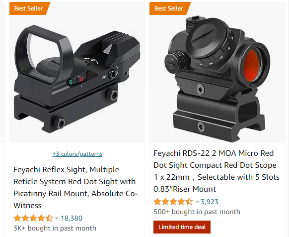 Best-selling reflex sights showcasing red dot reticle systems and picatinny rail mounts, with customer ratings and purchase statistics.