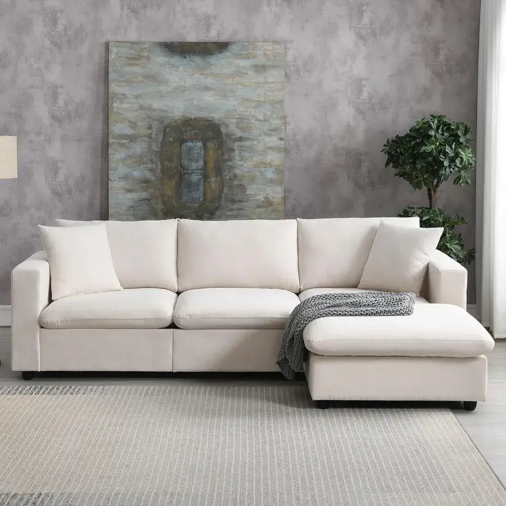 L-Shaped Modular Sofa 4 Seat Polyester, with Pillows