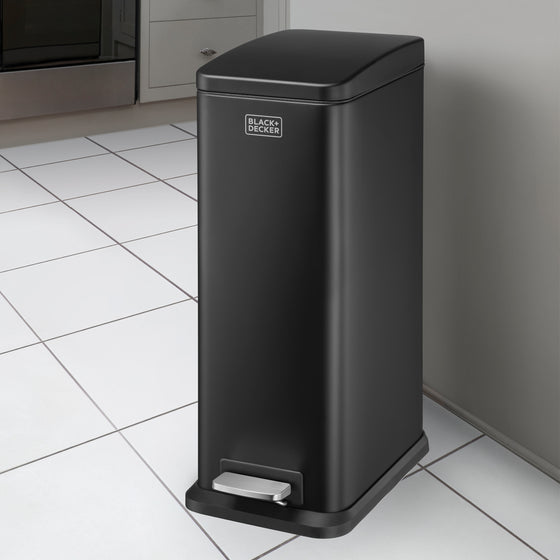 20L Matt Black Slimline Pedal Bin with Soft Close Lid, by BLACK + DECKER Image 1