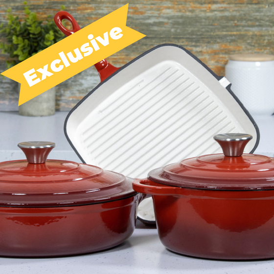3-Piece Red Cast Iron Cookware Set Image 1