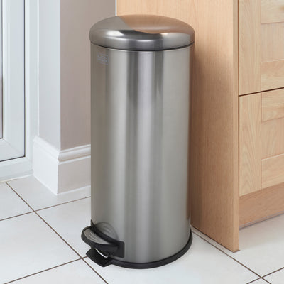 30L Metallic Black Domed Lid Pedal Bin, by BLACK + DECKER