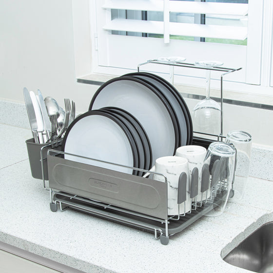 Stainless Steel Dish Drainer with Grey Cutlery Holder & Drip Tray Image 6