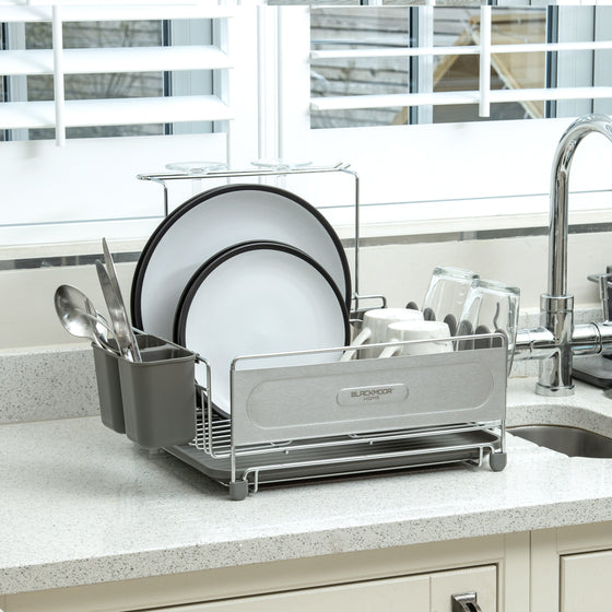 Stainless Steel Dish Drainer with Grey Cutlery Holder & Drip Tray Image 1