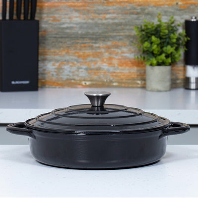 28cm Black Cast Iron Shallow Casserole Dish With Lid