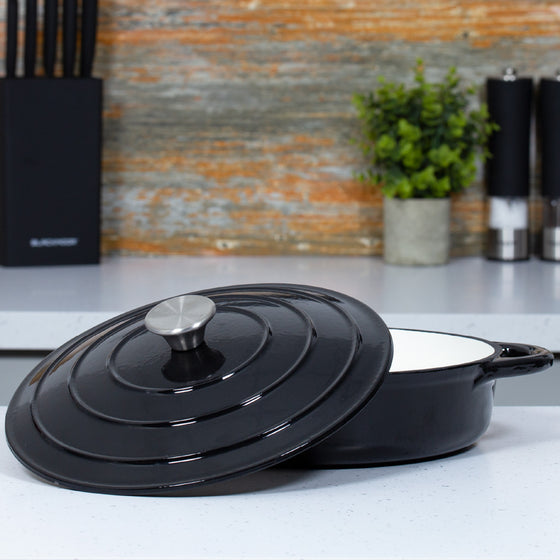 28cm Black Cast Iron Shallow Casserole Dish With Lid Image 3