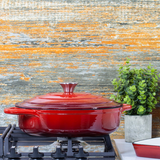 28cm Red Cast Iron Shallow Casserole Dish With Lid Image 8