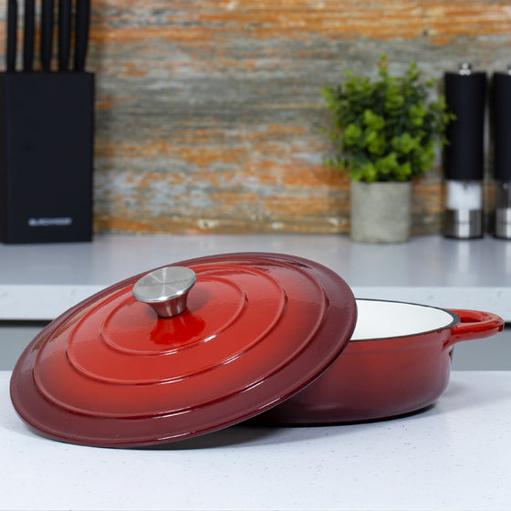28cm Red Cast Iron Shallow Casserole Dish With Lid Image 3