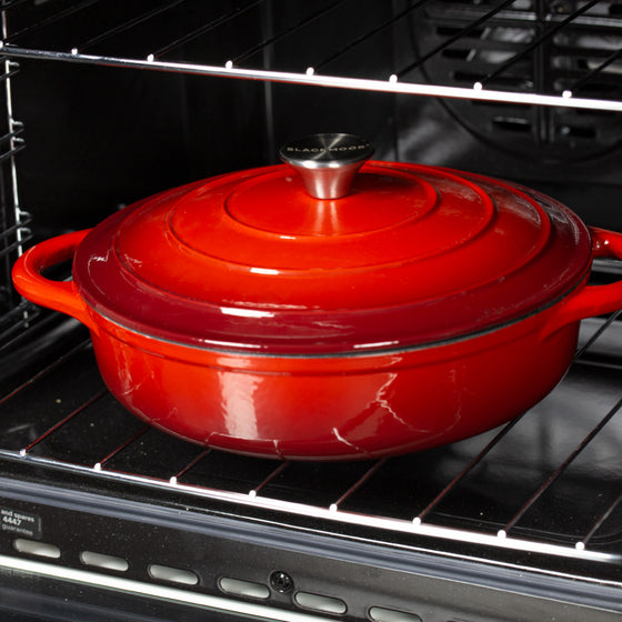 28cm Red Cast Iron Shallow Casserole Dish With Lid Image 6