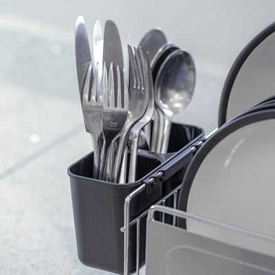 Stainless Steel Dish Drainer with Black Cutlery Holder & Drip Tray