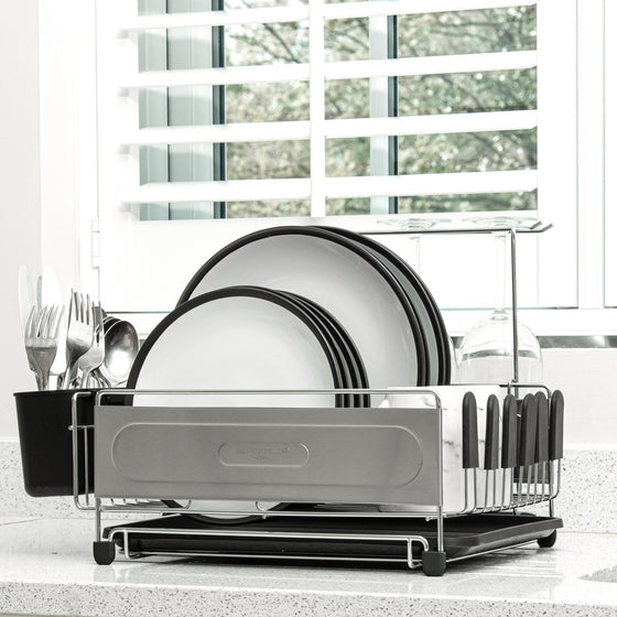 Stainless Steel Dish Drainer with Black Cutlery Holder & Drip Tray Image 5