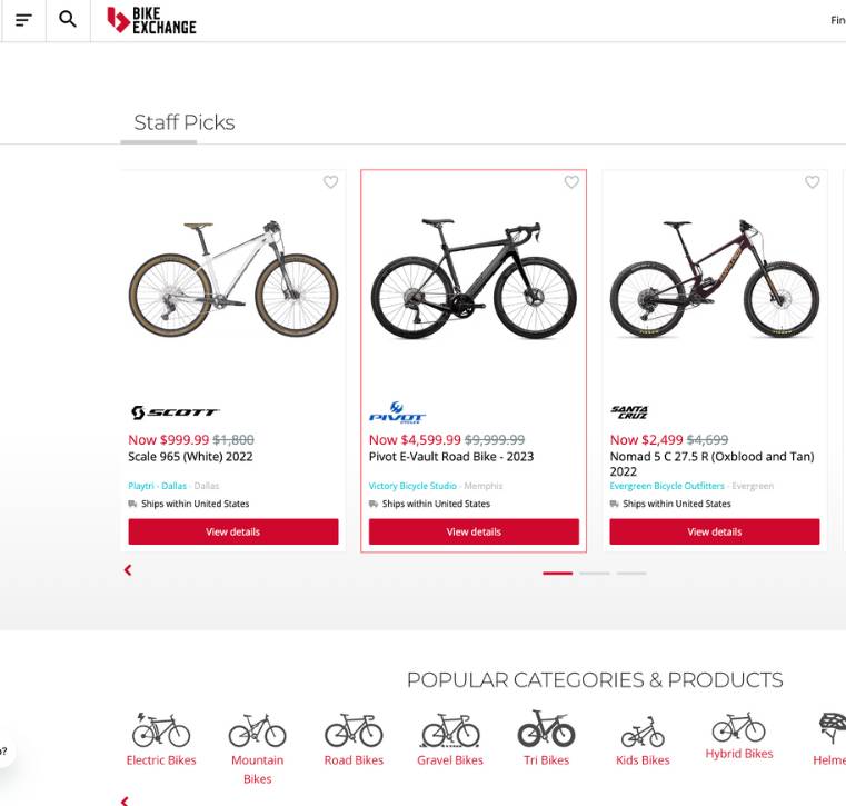 online functionality representation of bike exchange
