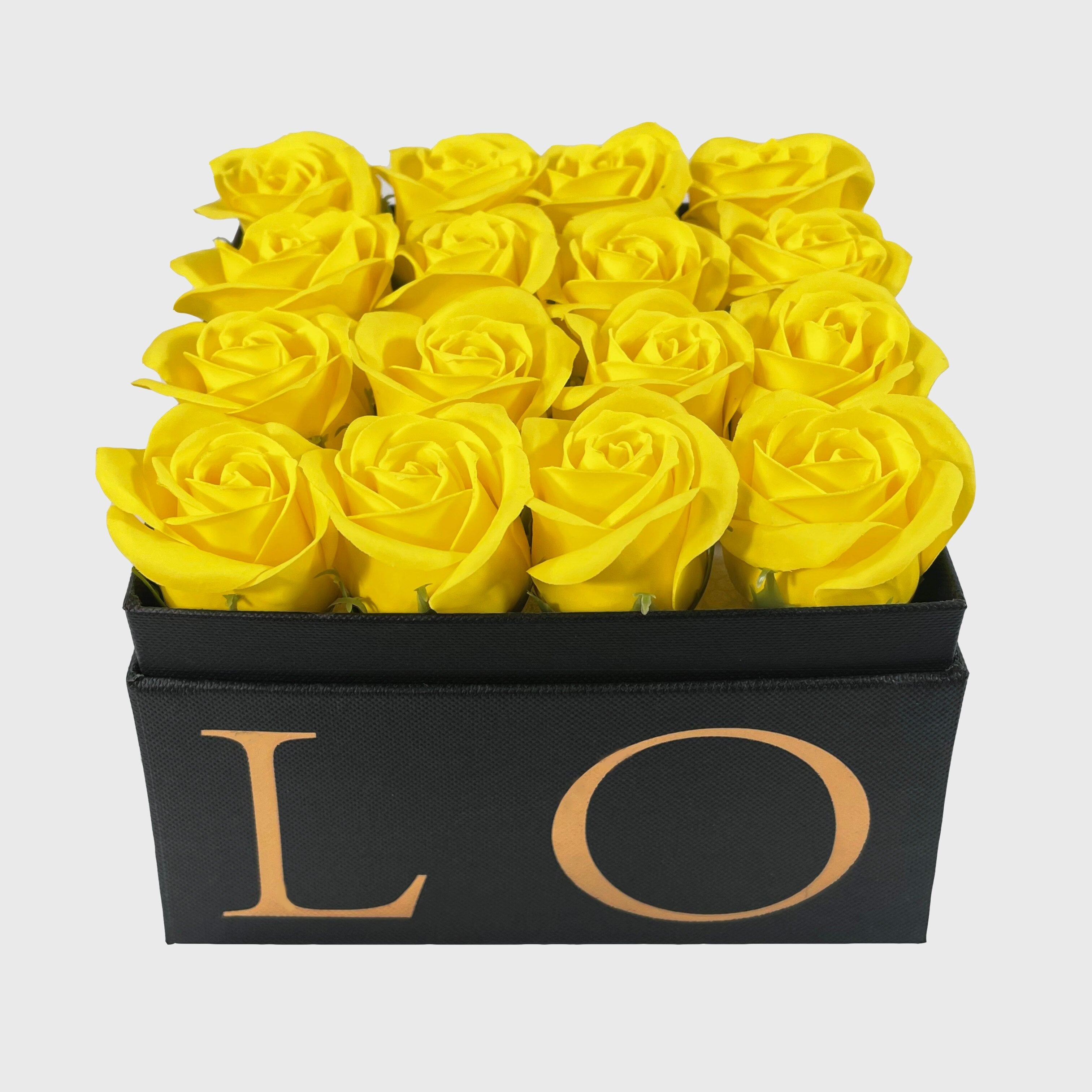 Rosas eternas amarillas en una caja de flores cuadrado de flores de secado  – TROCKENBLUMEN BLOSSOM