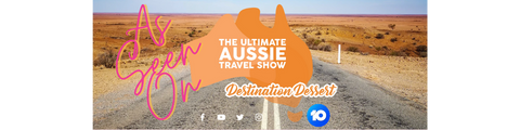 destination dessert logo with an orange Australia over-layed on a background of the Australian outback