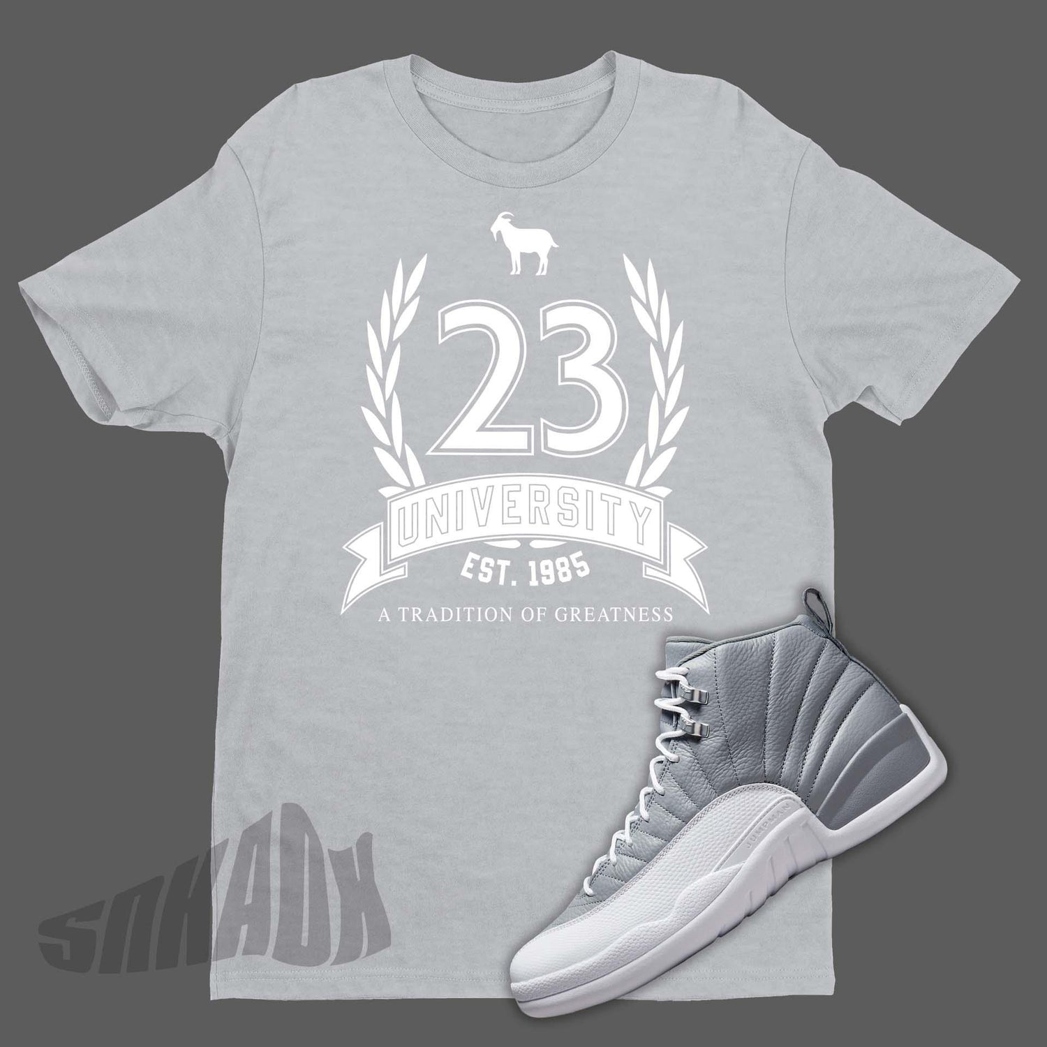 grey and white jordan 12 shirt