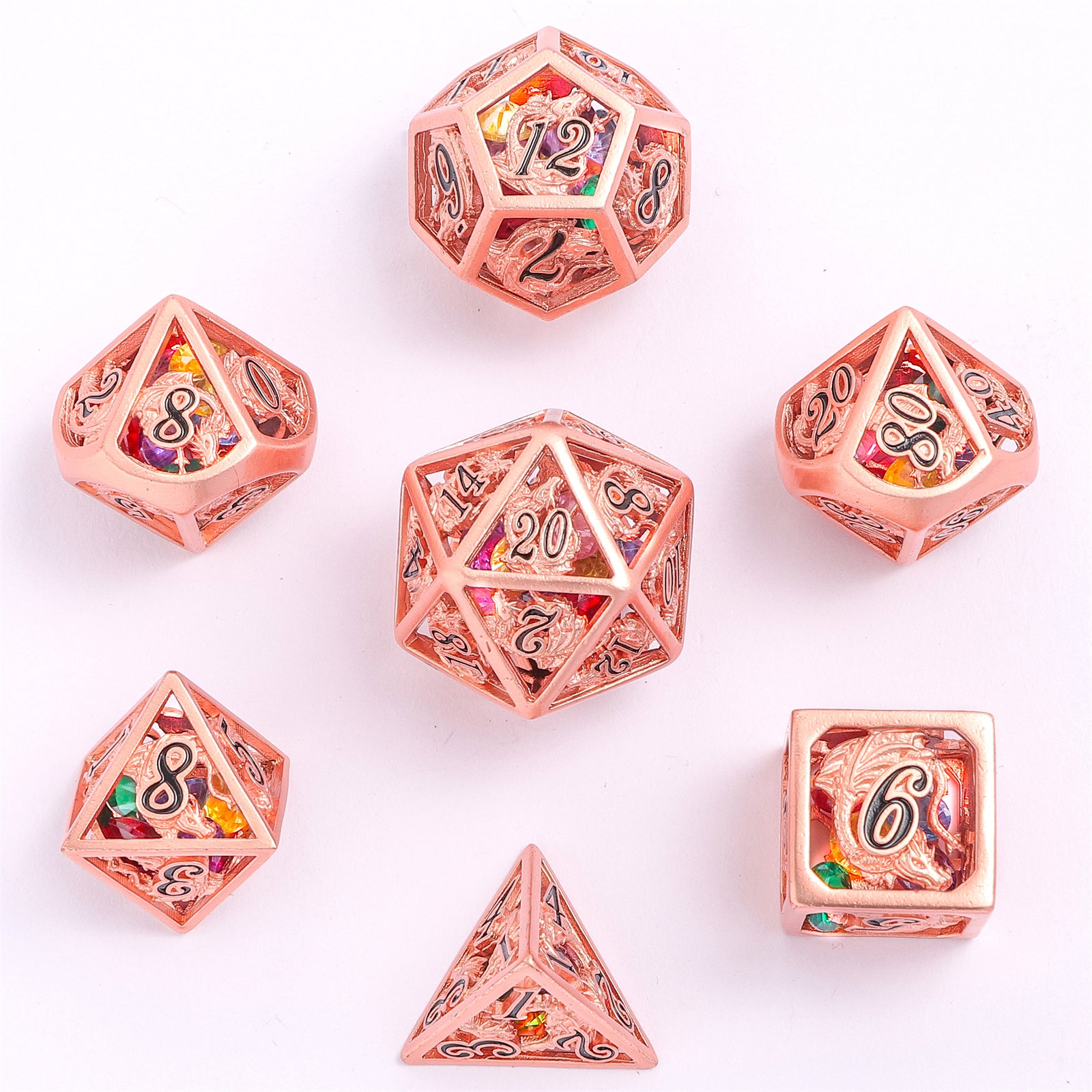 Hollow Dragon Polyhedral Dice Set Filled With Gems - Copper