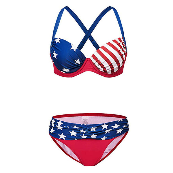 Plus Size American Flag Print Bikini Set Women Strappy Push-up Bra Und ...