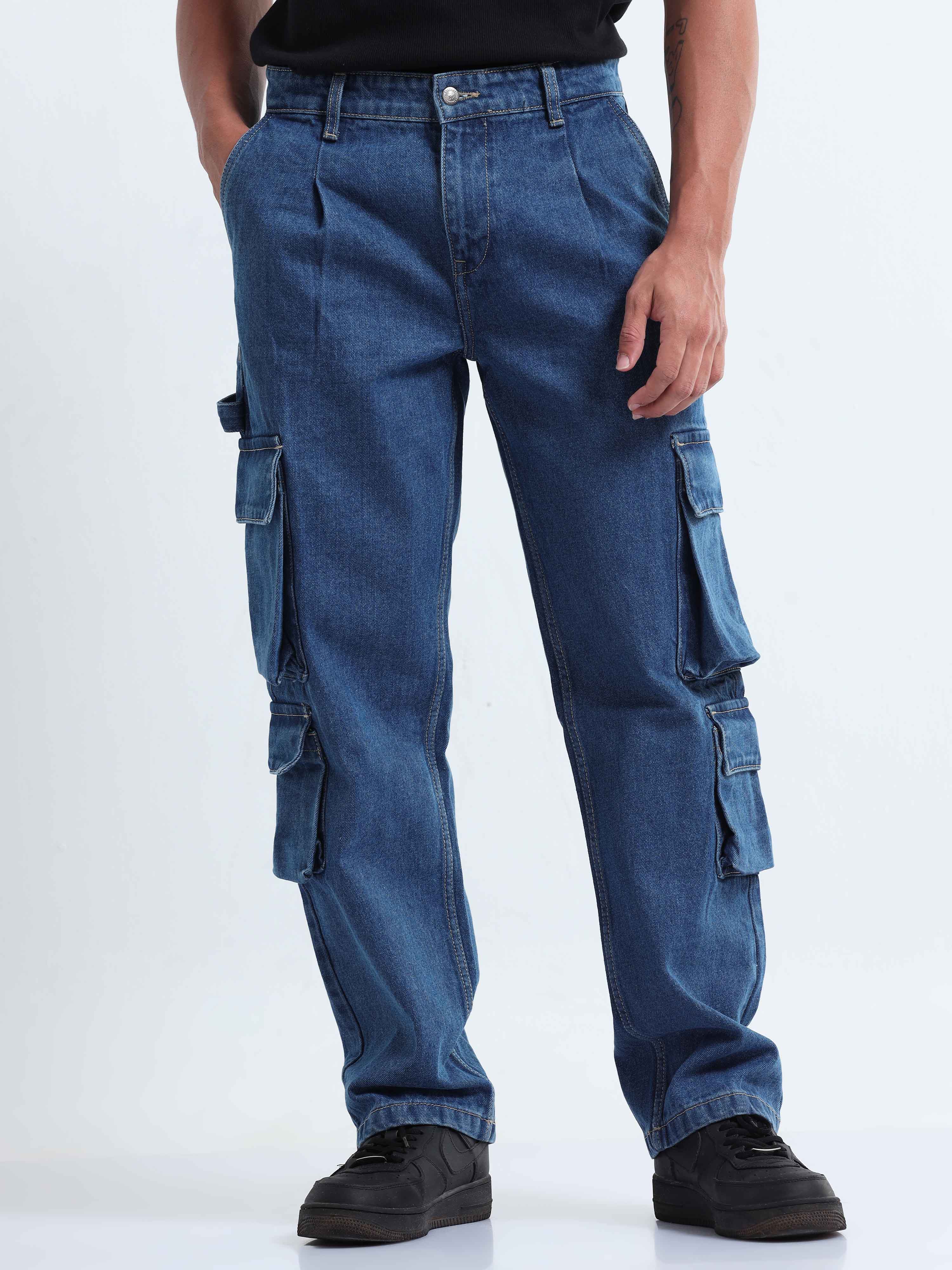 Mens Blue Denim Pockets Capri Pants Cargo Summer Jeans Trousers Loose Fit  Ripped