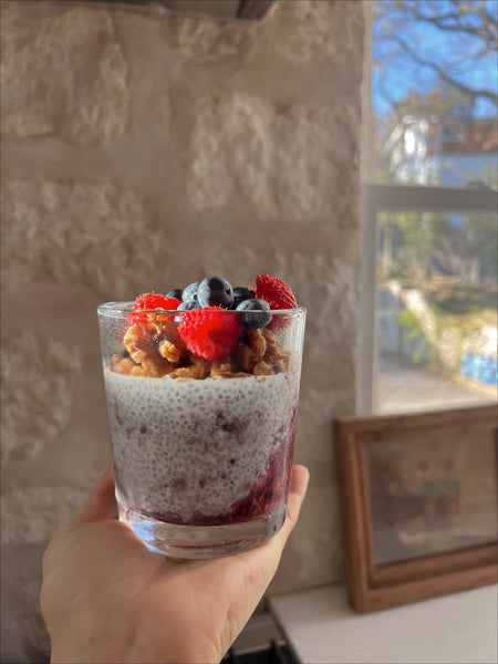 coconut chia pudding, recipe, how to make chia pudding, coconut chia parfait, the ritz half-moon bay, sazan hendrix, stevie, healthy recipes, coconut chia Berry parfait, delicious recipes, how to