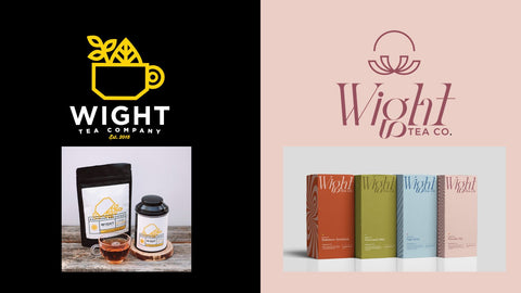 A side-by-side look of Wight Tea Co's early branding and today's current branding