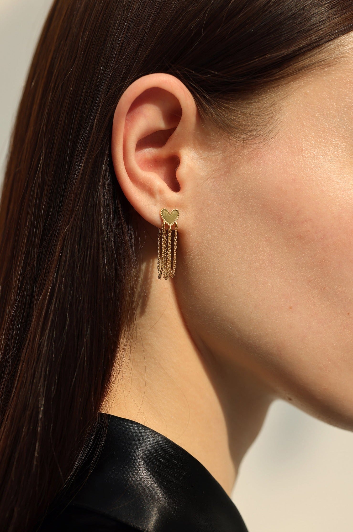 Nosa Heart Tassel Gold Threader Earrings / Ear Jackets