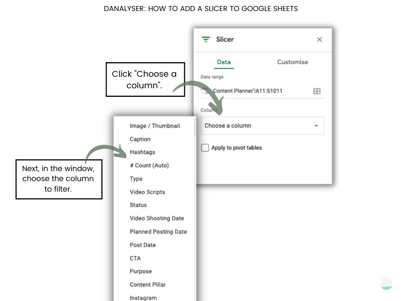 How to insert a slicer in Google Sheets and select the column for the filter