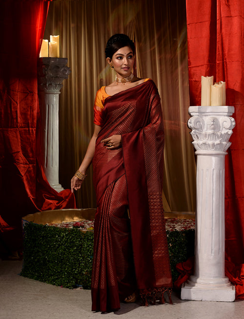 Wine Red Woven Lucknowi Banarasi Silk Saree – Zari Banaras