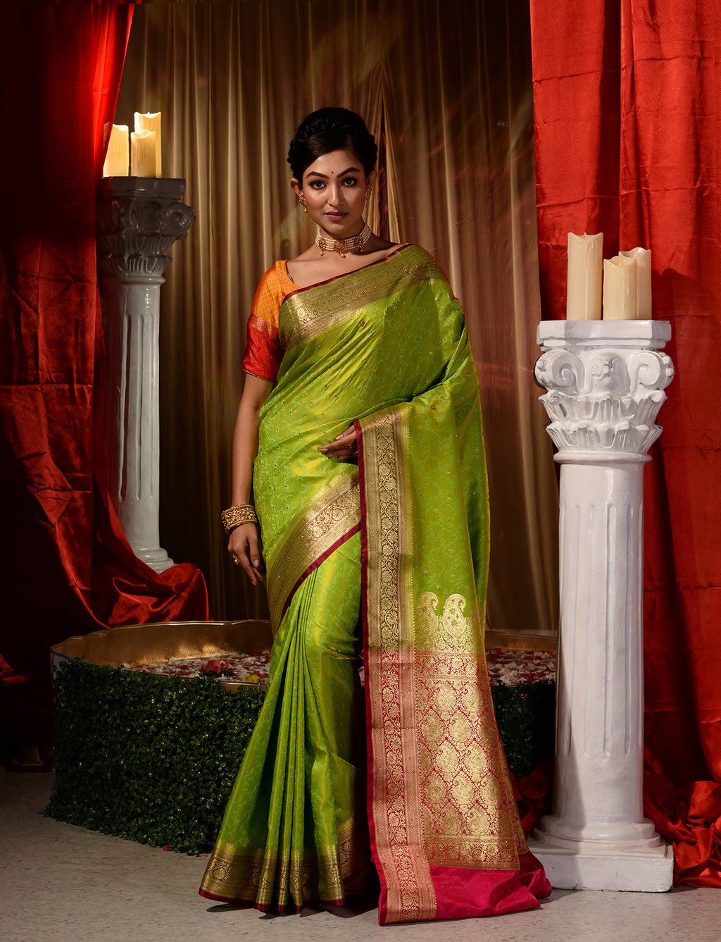 Buy Green Saree And Blouse Georgette & Underskirt Satin Floral