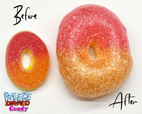 What Is Freeze Dried Candy?. Before & After Freeze Dried Peach Rings