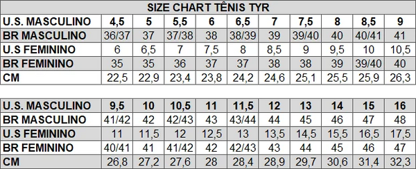 Size Chart Tênis TYR