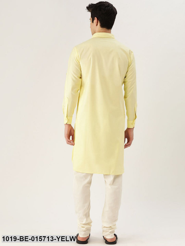 Men'S Cotton Lemon Yellow Solid Pathani Only Kurta 