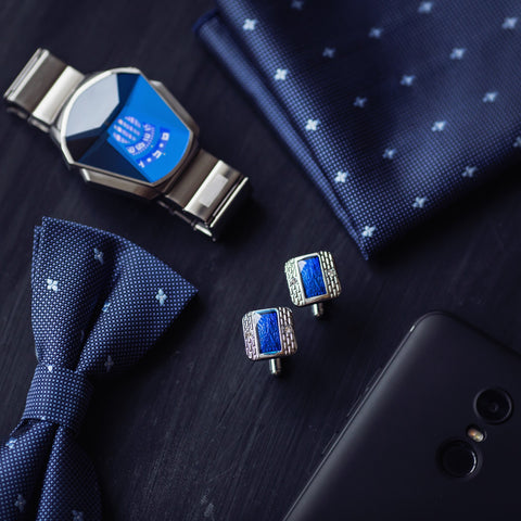 Blue Fossil Cufflinks, Bow Tie and Square with Watch