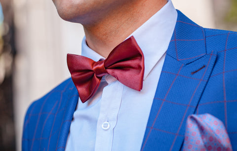 Blue Windowpane Suit with Red Bow Tie