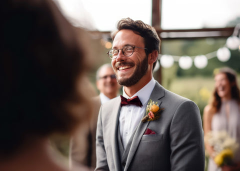Grey Suit with Deep Red Bow Tie and Square