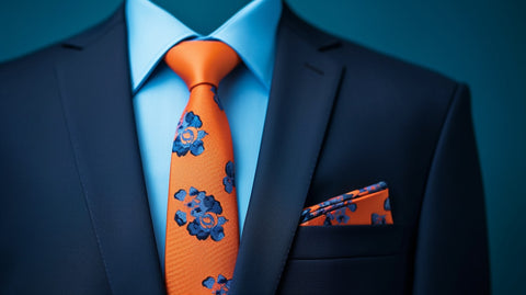 Orange Floral Necktie on Blue Suit