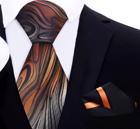 black suit orange tie