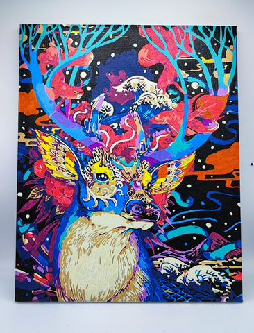 taulu jossa on akryylimaaleilla maalattu sininen peura.