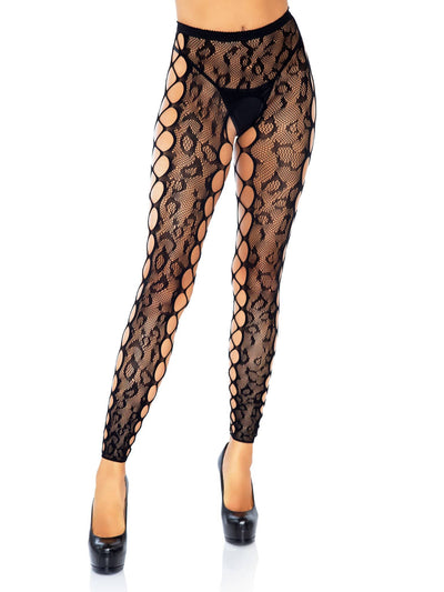 Footless Leopard Lace Crotchless Tights - Black-Lingerie & Sexy Apparel-Enticed Touch